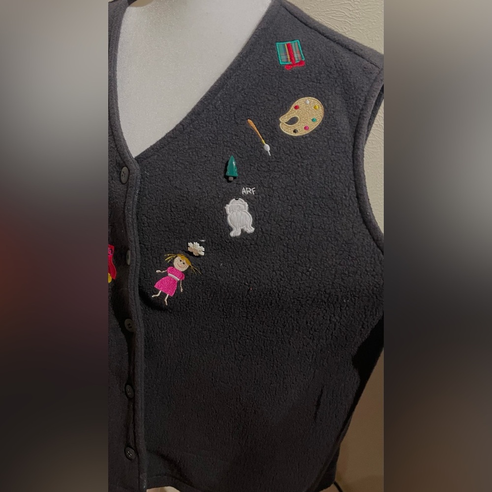 Bechamel Vintage Women’s Size L Christmas Black Fleece Vest Ugly Sweater Santa - Picture 5 of 11